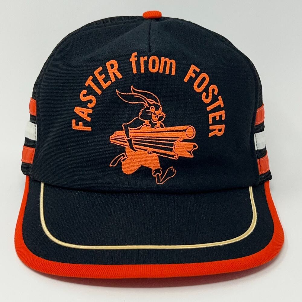 Vintage 80s Faster From LB Foster Trucker Hat Baseball Cap 3 Stripe USA Black